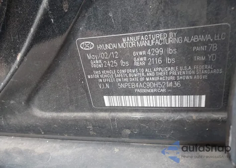 2013 Hyundai Sonata Gls from USA, damaged, VIN 5NPEB4AC9DH521436